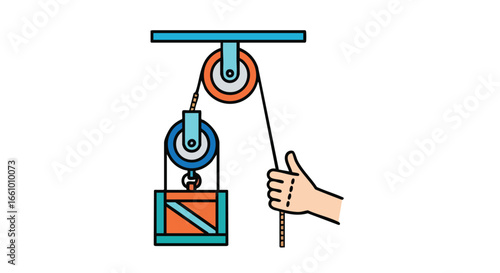 Illustrated pulley system demonstrating mechanical advantage in lifting a crate with hand, showcasing physics principles for education on lifting
