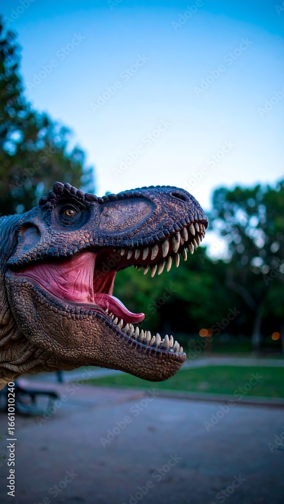 Obraz premium Dinosaur's open mouth, park setting
