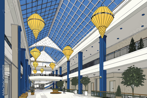 Mall atrium with giant hanging decorations and sky-like ceiling.