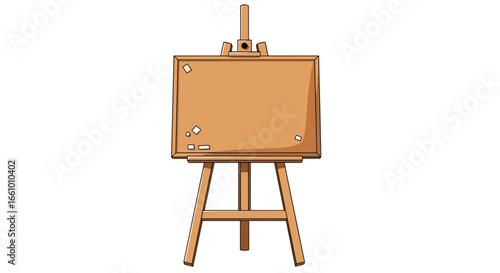A wooden easel displaying a brown cork board with pins and markers ready for artistic creation and presentation