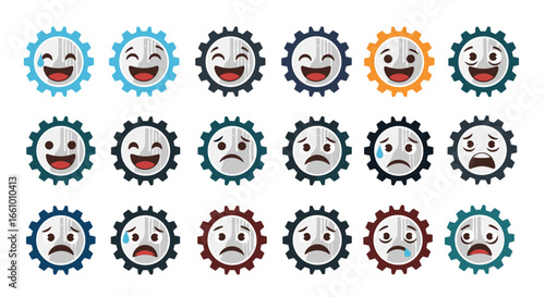 Collection of happy sad angry and surprised gear emoticons representing emotions and feelings