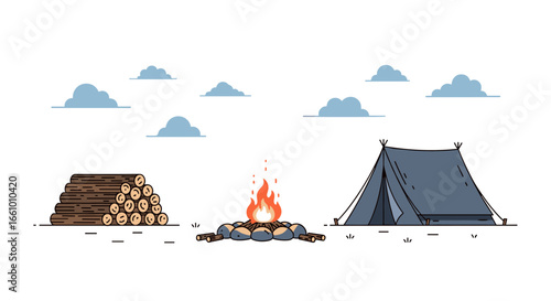 Illustration of a tranquil camping scene with a roaring campfire surrounded by stones next to a stack of firewood and a blue tent under a cloudy sky