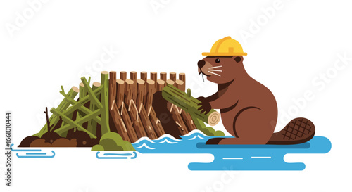 Cartoon Beaver Constructing a Dam with Safety Hard Hat in Aquatic Environment illustration
