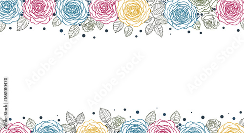 Delicate hand drawn floral border with colorful roses and leaves for background