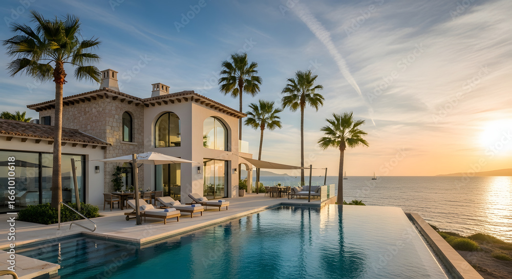 Fototapeta premium Luxury villa with swimming pool and palm trees overlooking the ocean