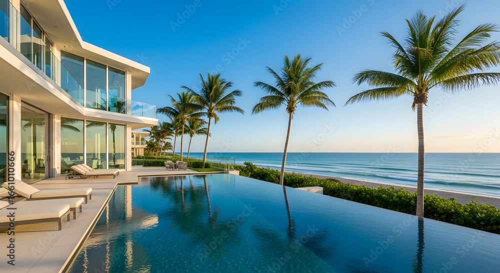 Fototapeta premium Luxury villa with infinity pool overlooking the ocean on a sunny day