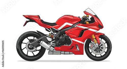 Dynamic graphic illustration showcases the design and engineering of a vibrant red sportbike offering a sleek aesthetic and powerful appearance