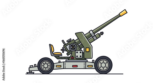 Stylized mobile anti-aircraft gun illustration with bold outlines and muted color palette for educational projects and design templates