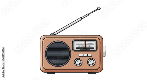Illustration of retro style radio with extending antenna and control knobs isolated against a white background