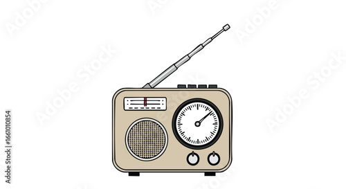 Illustrated Retro Radio Receiver with Antenna and Tuning Dial on White Background depicting vintage communication technology and broadcast media