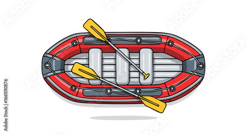 Vibrant illustration showcasing a red inflatable raft with crossed yellow paddles offering an invitation to river adventures