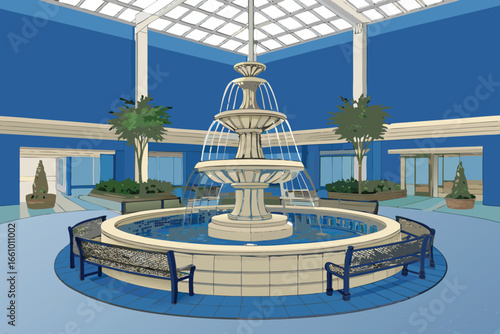 A central mall atrium features a fountain and benches.