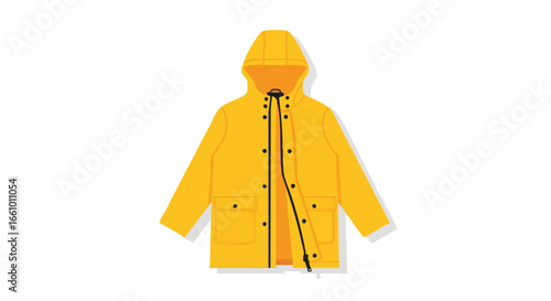 Bright yellow hooded raincoat with black accents, a minimalist design representing protection from rain and inclement weather offering cheerful