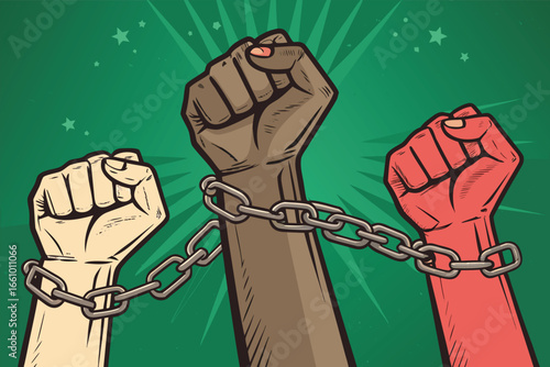 Close up of heavily chained hands desperately breaking free during a moment of intense, powerful liberation and resilience.
