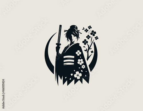 A graceful female warrior with a traditional kimono and a katana sword against a pink sun. Japanese art concept