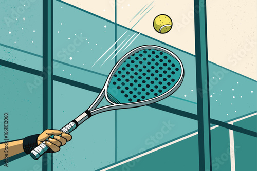 Intense close-up action shot padel racket impact, fuzzy ball, blurred glass wall background, dynamic motion blur, sport, athletic, game, fun, competitive, energy.