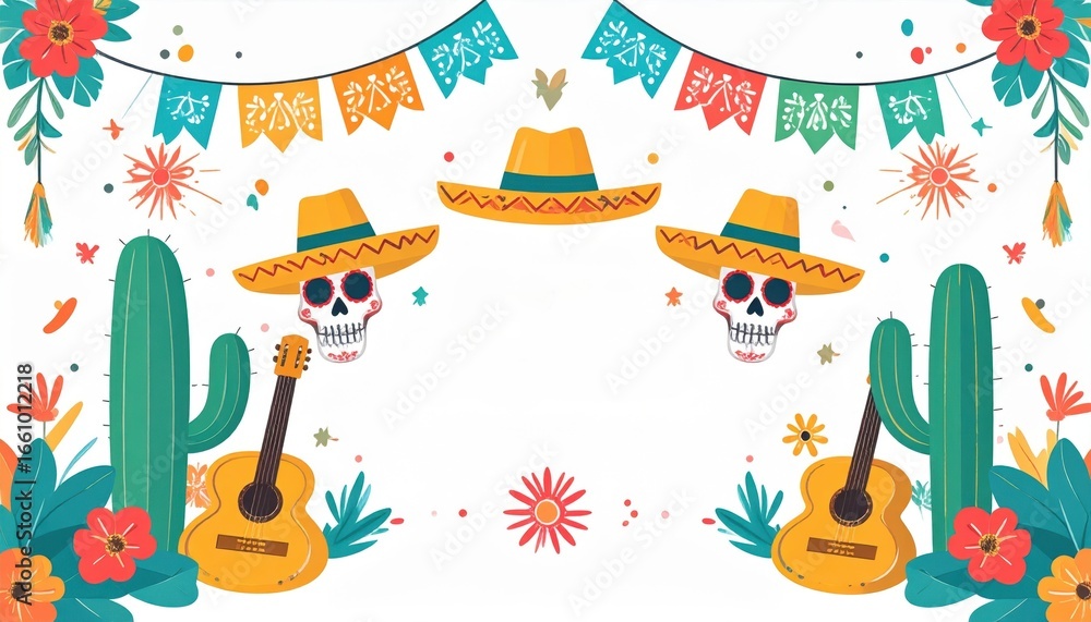 Naklejka premium Vibrant Cinco de Mayo celebration scene with colorful banners skulls cactus guitars flowers festive elements and cheerful decorations for Mexican holiday