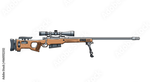 Stylized Sniper Rifle Illustration with Scope and Bipod, Precision Armament for Tactical and Defense Applications in Design  and Gaming, Isolated on