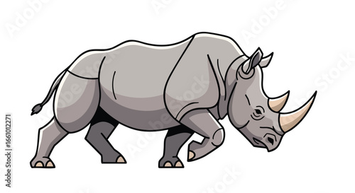 Stylized rhinoceros illustration in mid-stride with clear outlines and soft grey tones, suitable for educational or creative projects where wildlife