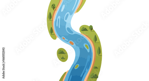 Cartoonish S-Shaped River Flowing Through Green Fields, Featuring Trees and Meandering Watercourse, Ideal for Mapping Designs or Natural Environment
