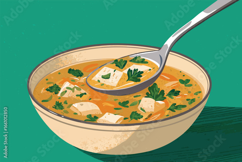 Close-up action shot of a silver spoon submerging into rich, steaming chicken noodle soup, showcasing noodles, carrots, celery, herbs, and broth.