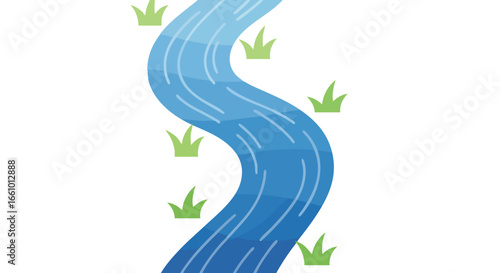 Stylized winding stream with verdant tufts, showcasing a minimalist watercourse design perfect for illustrating nature's flow and serenity