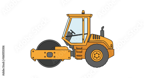 Stylized Vector Illustration of a Vibrant Orange Road Roller Isolated on a Clean White Background for Construction Graphics