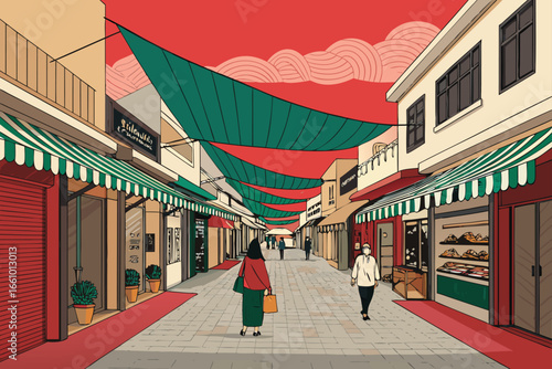 A vibrant market alley scene from a unique perspective.