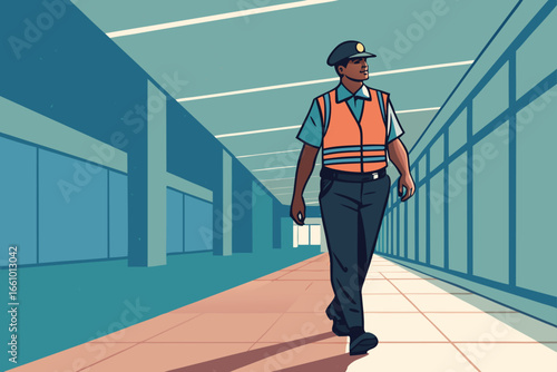Mall security guard patrolling corridor, flat illustration.