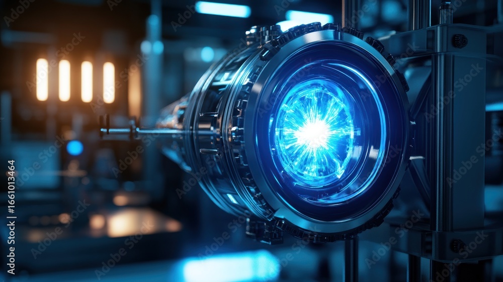 Fototapeta premium Futuristic cylindrical device with glowing blue core, situated in a dark industrial setting, possibly a research lab, exuding advanced technology and energy