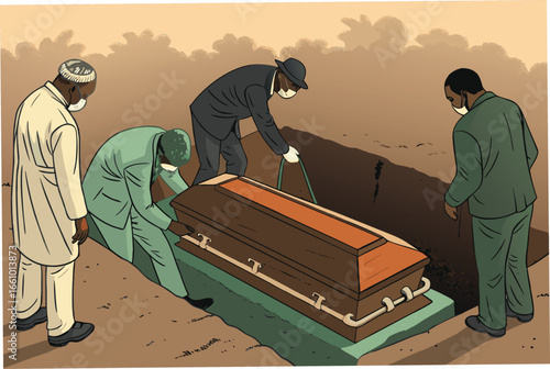 A somber scene of a wooden coffin slowly descending into a freshly dug grave, surrounded by grieving mourners in a cemetery, under a cloudy sky.