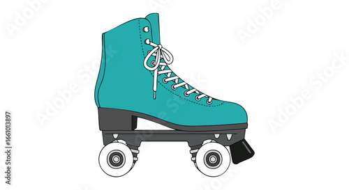 Illustration of a vintage teal roller skate with white laces against a blank canvas, a design that evokes leisure and retro trends with a playful