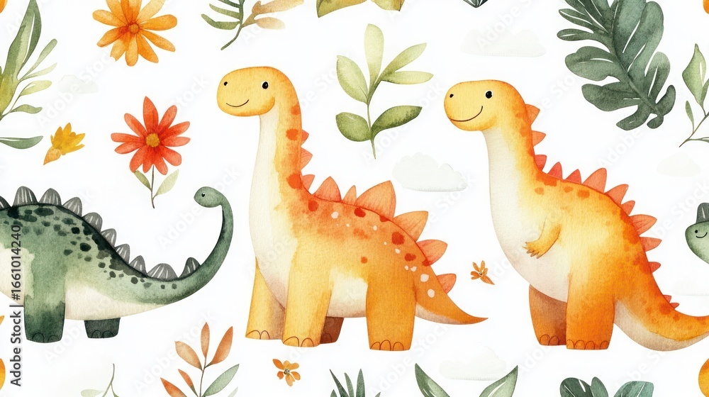 Fototapeta premium Watercolor dinosaurs and floral pattern. Cute, cartoon-style dinosaurs in orange and green, surrounded by flowers and leaves on a white background