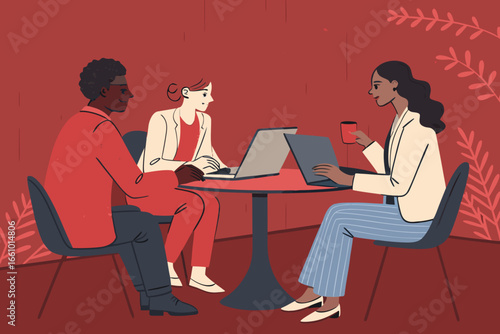 Colleagues deeply engrossed, collaborating over laptop, charting innovative business strategy, focusing on future growth.