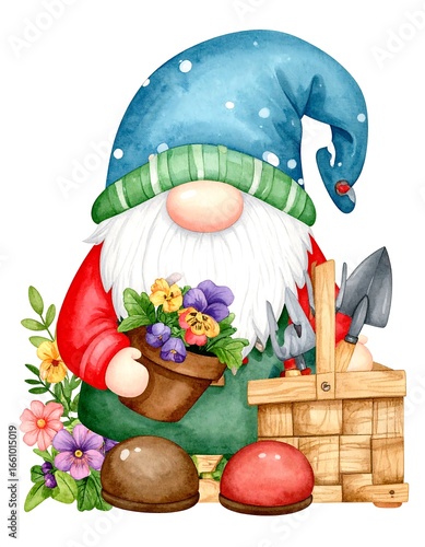 Cute gnome with flowers and tools