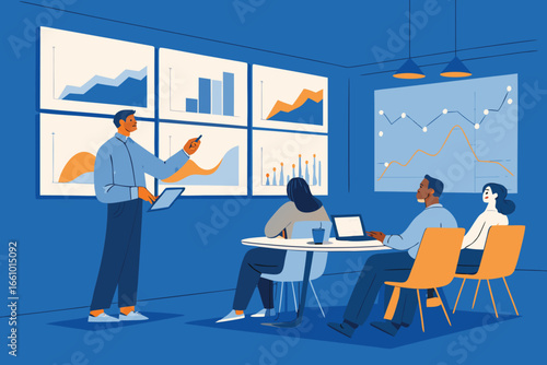 Diverse professionals analyze detailed financial charts and graphs during a collaborative company strategy meeting.