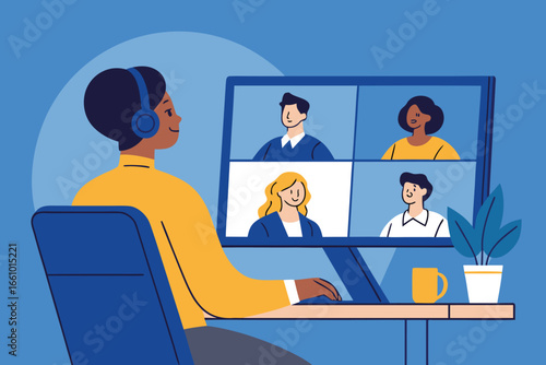 A professional conference call setup featuring a large video screen displaying a participant's remote face, laptop, microphone, and desk essentials.