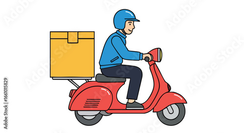 Delivery driver on a retro scooter delivering a package with a cartoon style illustration showcasing a vibrant design with clean lines and cheerful