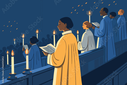 A devout congregation illuminating candles during a solemn evening worship service, reflecting spiritual peace and communal devotion.