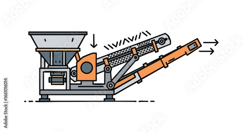 Stylized conveyor machinery illustration with geometric shapes and clear lines, representing industrial automation and material handling processes
