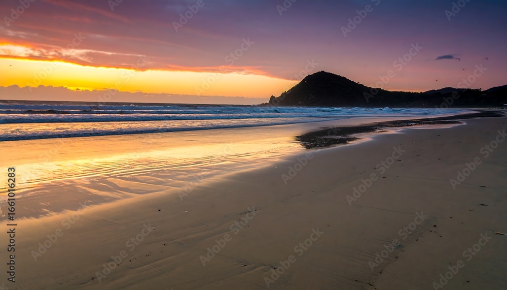 Obraz premium Serene Beach Sunset with Vibrant Sky and Calm Ocean Waves.