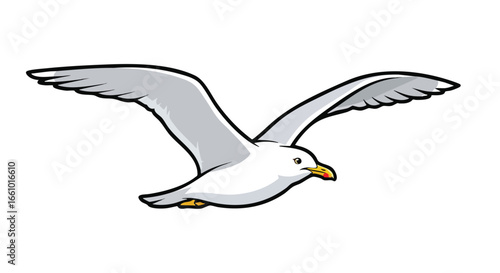 Elegant cartoon seagull in flight with outstretched wings against a clear white sky, showcasing a tranquil and graceful bird moment