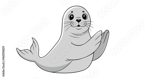Cartoon illustration of a charming seal with welcoming flippers on a white background isolated animal drawing for children's books, educational