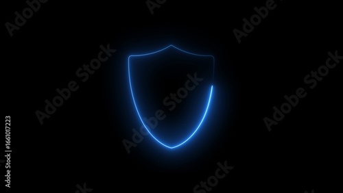 Blue Neon Shield Outline on Black Background security