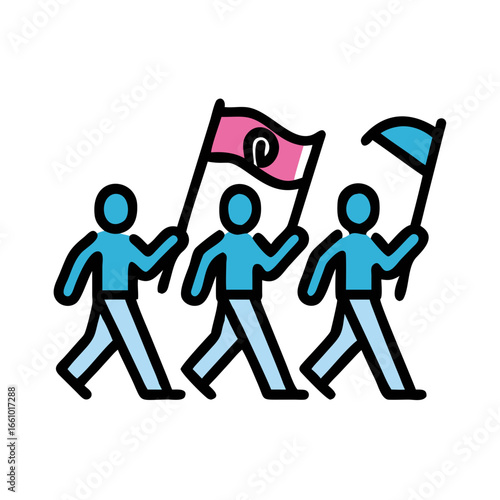 People marching with awareness flags in flat cartoon style