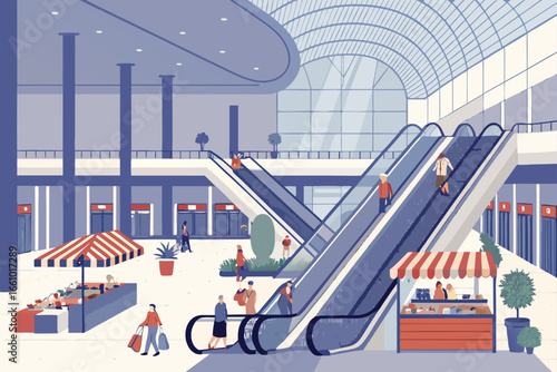 Modern shopping mall interior with escalators.