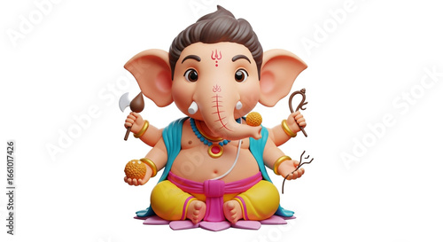 Cute 3D Ganesha with Mouse: Adorable Hindu God Illustration Kawaii Baby Ganesha with Modak and Axe: Children's Spiritual Art Cartoon Ganesha Figurine: Cute and Playful Deity