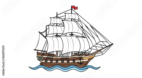 Artistic depiction of a vintage sailing vessel with vibrant sails against a clear background