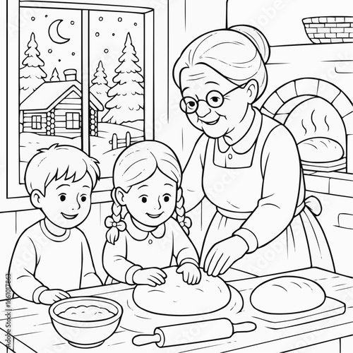 Coloring page for kids - Grandmother teaching children to bake bread in cozy kitchen at night  