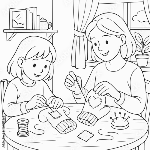 Coloring page for kids - Mother and daughter sewing mittens together at home indoors  